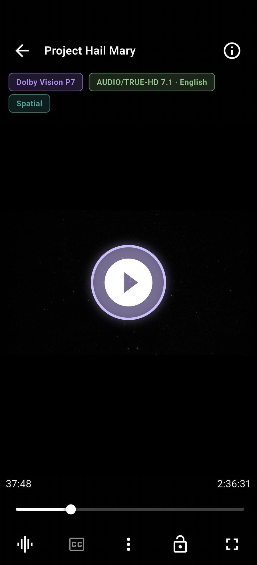 DreamPlayer playing a Dolby Vision P7 title with TRUE-HD 7.1 audio, showing live format indicators