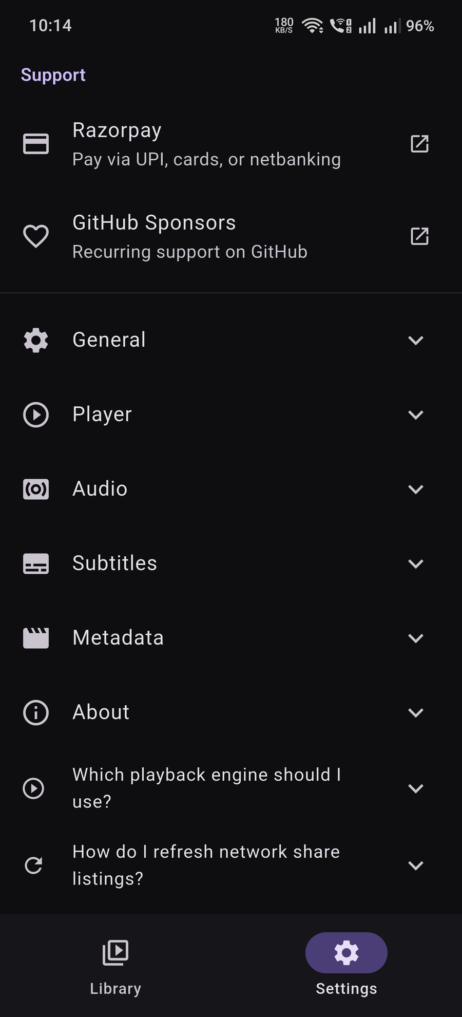 Settings screen with player and metadata options
