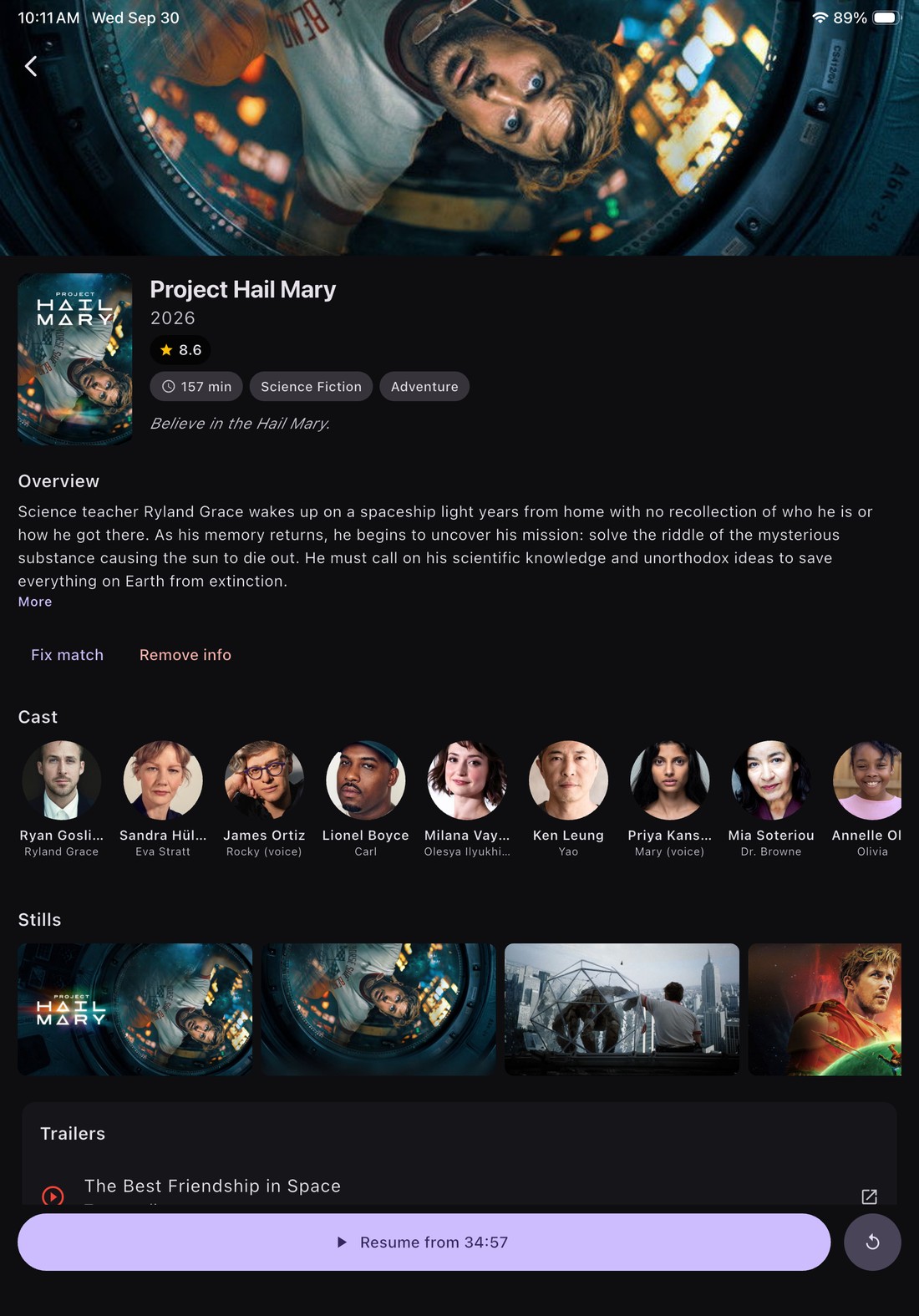 iPad details page with backdrop hero, cast row and trailers