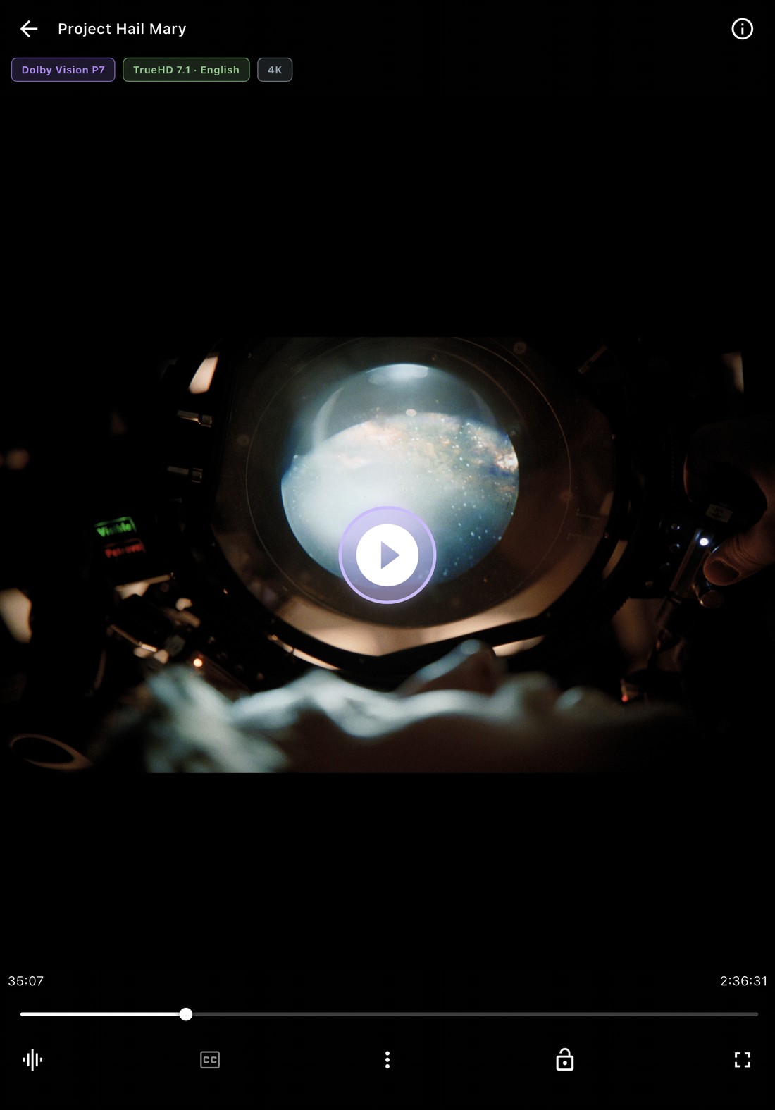 iPad player showing Dolby Vision P7 and TRUE-HD 7.1 format chips